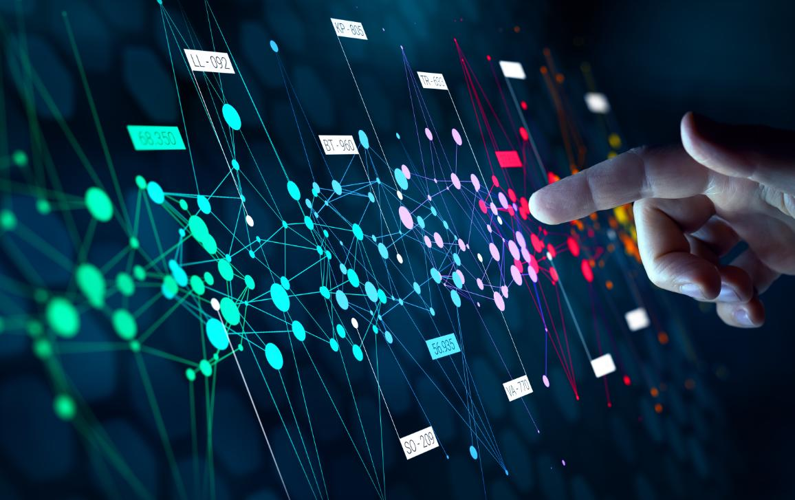 A hand exploring an interconnected digital data network